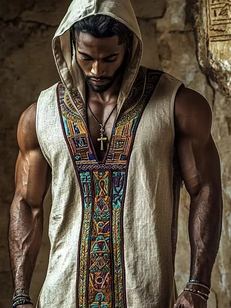 Ethnic Men's Summer Sleeveless linen Casual Pullover Hoodie Top 2025 Vintage Print V-neck Trendy Perspective Hoodie Sweatshirt
