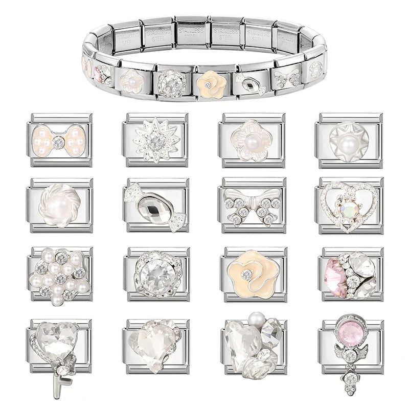 Zircon Pearl Heart Bow Candy Flower Butterfly Italian Charm Links Fit 9mm Stainless Steel Bracelet Personalized DIY Making Gifts