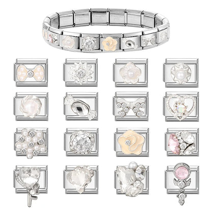 Zircon Pearl Heart Bow Candy Flower Butterfly Italian Charm Links Fit 9mm Stainless Steel Bracelet Personalized DIY Making Gifts