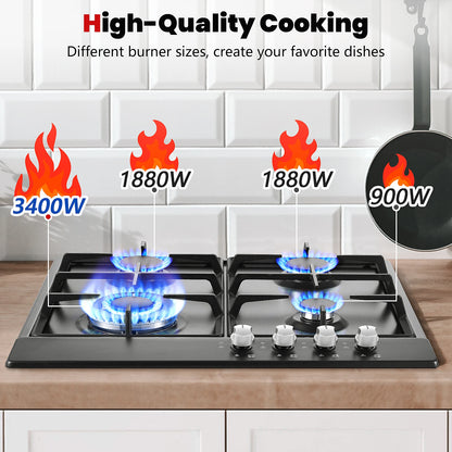 4 Burners Black Enamelled Plate 58 cm Automatic Flame Protection, Natural Gas and Propane Gas, Built-in Gas Hob