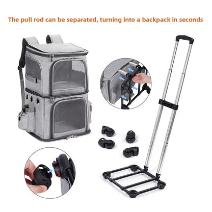 Double Backpack Foldeable Lightweight Pet Stroller For Two Dogs And Cats Outdoor Travel With 4 Wheels