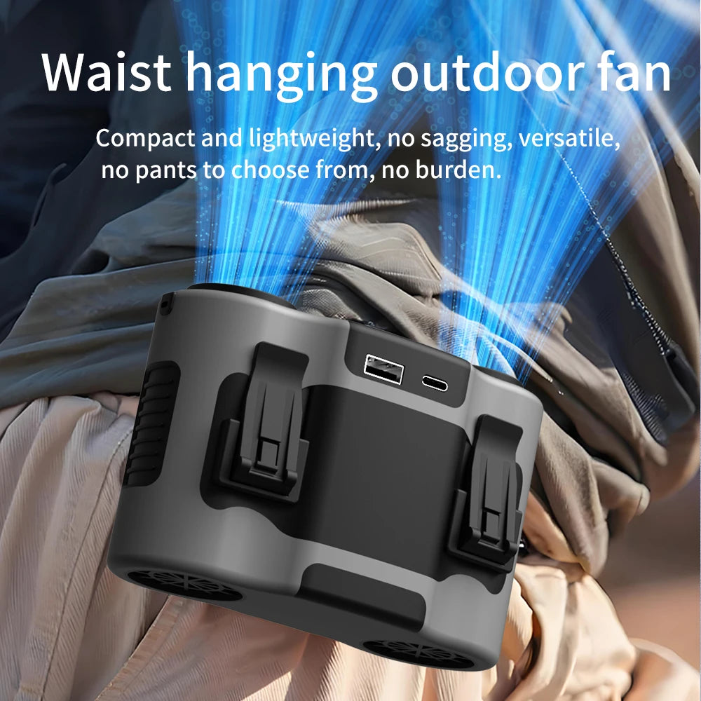 25000mAh Outdoor Waist Clip Fan Handheld Hanging Neck Fan 5-Speed Strong Wind Dual Air Vents USB Rechargeable Power Bank