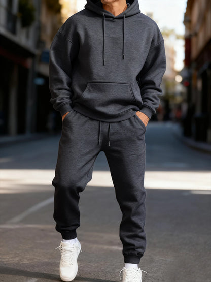 Man's Hoodie Set Winter Solid Color Two Pices Sets Long-Length Street Clothes Casual Sports Sweatpant Hoody Unisex Fashion Suit