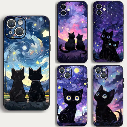 Artistic Black Cat Starry Night Phone Case For iPhone 17 16 15 14 13 12 Pro Max Mini 7 8 SE Plus Couple Cover Soft Shell Fundas