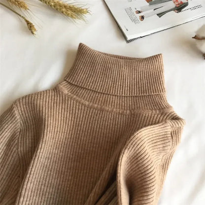 2026 Autumn Winter Sweater Women Knitted Ribbed Pullover Sweater Long Sleeve Turtleneck Slim Jumper Soft Warm Pull Femme