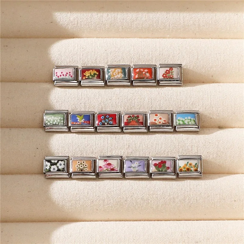 2025 Women's Fashion Colorful Flowers Oil Painting Style Series Italian Charms Fit 9mm Stainless Steel Bracelet DIY Jewelry Gift