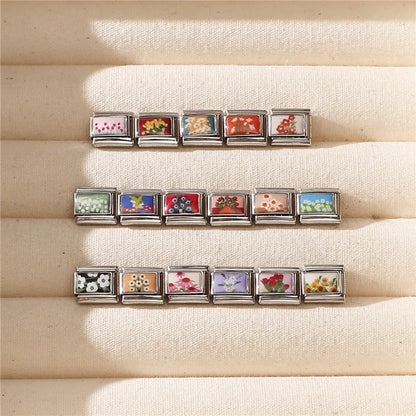 2025 Women's Fashion Colorful Flowers Oil Painting Style Series Italian Charms Fit 9mm Stainless Steel Bracelet DIY Jewelry Gift