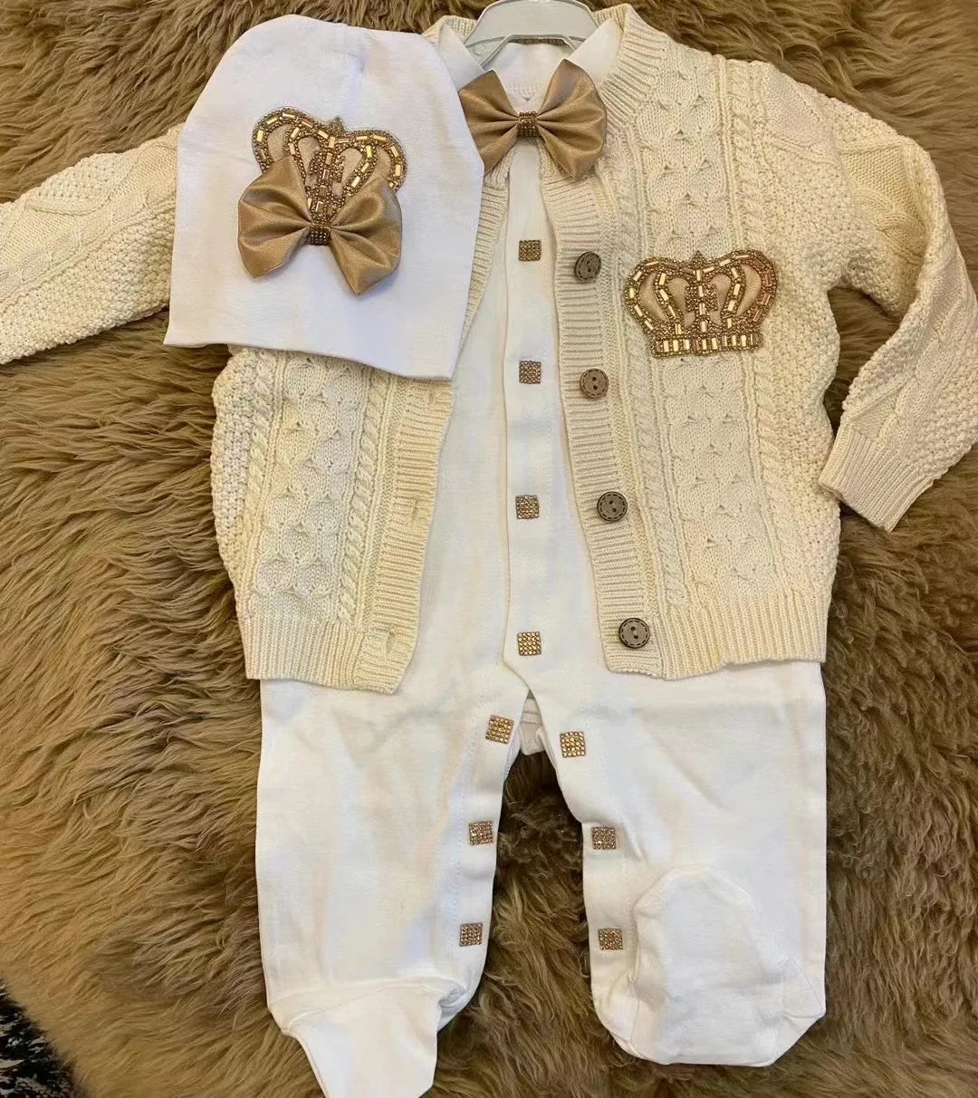 Dollbling Baby Boys' Knit Ribbed Romper Jumpsuit with Bodysuit and Hat 3pcs Set Newborn Cotton Knitted Sweater Romper Suit