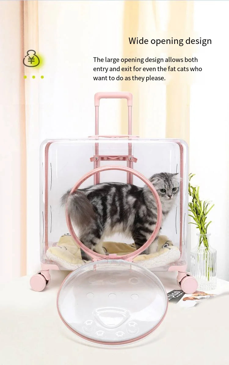 Pet Pull-Along Cart Cat Carrier, Large Capacity for Two Cats, Transparent Travel Trolley for Medium Dogs, Outdoor Pet Luggage