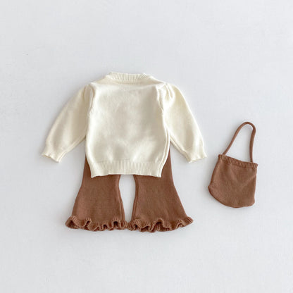 A stylish bow round-neck top, flared pants and cute bag set for baby girls in autumn and winter 2025