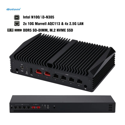 Qotom Mini PC Intel N100/ N305/ N355, 2x 10G Marvell AQC113 & 4x Intel I226V 2.5G LAN, DDR5 Router Appliance for OpenWrt/ Linux