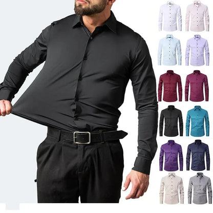 Men's long-sleeved shirt made of elastic fabric, wash-and-wear wrinkle-resistant business casual, silky smooth, pure color shirt