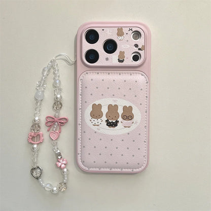 Polkadot Leather Funny Miffy Rabbit phone case for iPhone 15 Pro 14 13 16 Max 17 Pro Max Cover With Chain Cute Cartoon Cases Cap