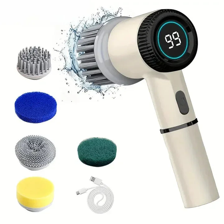 2026 Electric Cleaning Brush LED Display With 5 Replaceable Brush Heads 3-speed Adjustable Cleaning Tool For Kitchen Bathroom