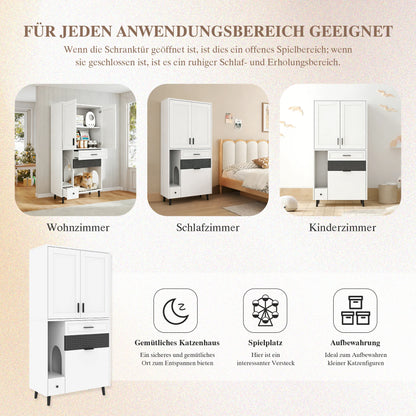 Multifunctional Cat Storage Cabinet with Stable Construction, Adjustable Shelves, Drawers, and Cat Bed Area – Cozy Activity Space for Cats, Pet Furniture with Arch Openings