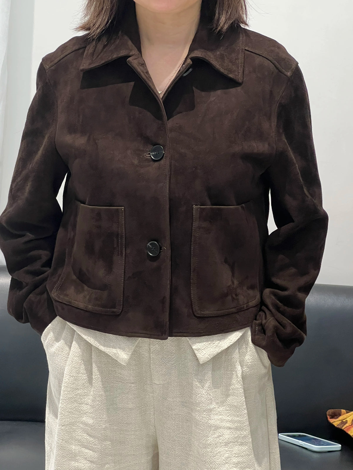 European Imported Kid Suede Leather Jacket for Woman High Grade Turn Down Collar Pocket Short Cropped Coat Long Sleeve Top Mujer
