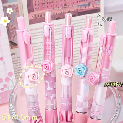 5Pcs Creative Rose Series 0.5mm Gel Pen Set Ultra Soft Silicone Pen Grip Quick-Drying Ink Pen Office Signature Pen