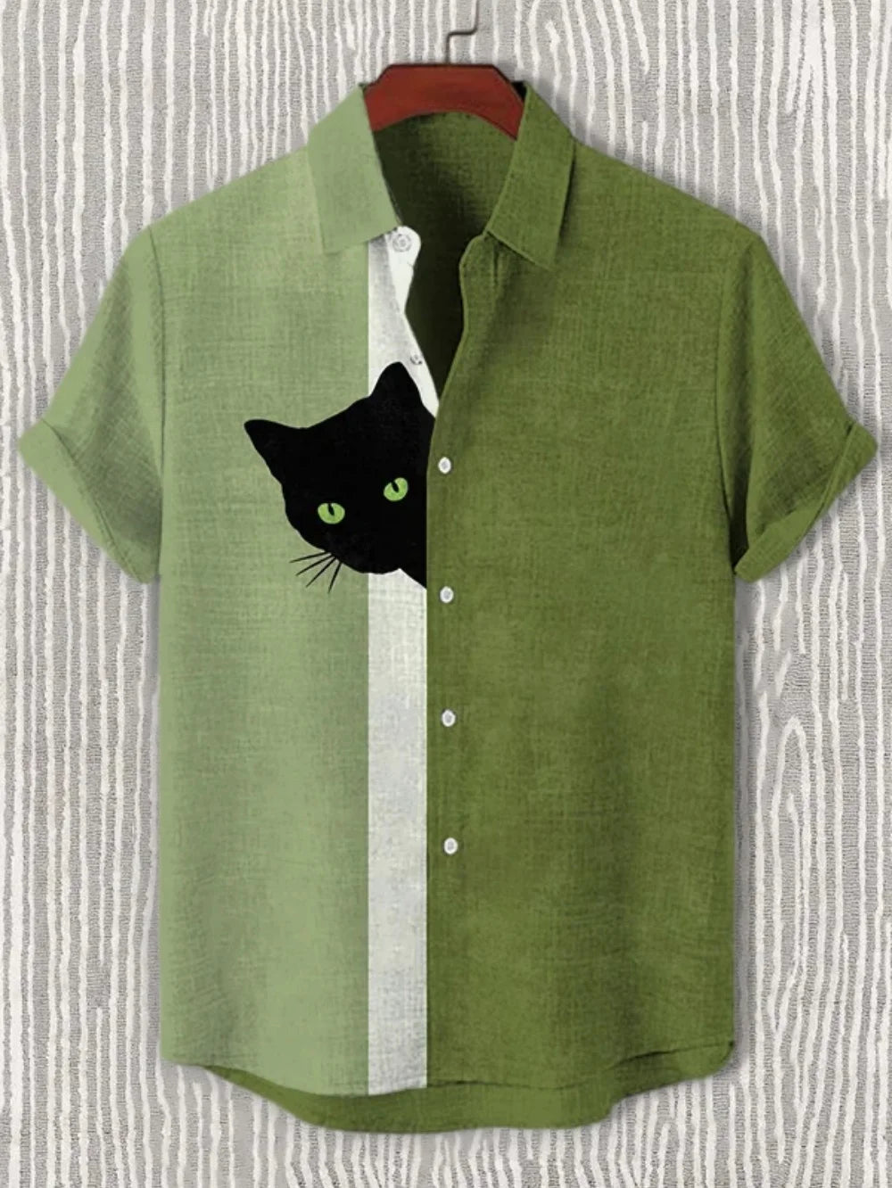 Men's Japanese Retro Art Black Cat Print Shirt Short Sleeve Stand Up Collar Single Breasted Casual Linen Top for Vacation