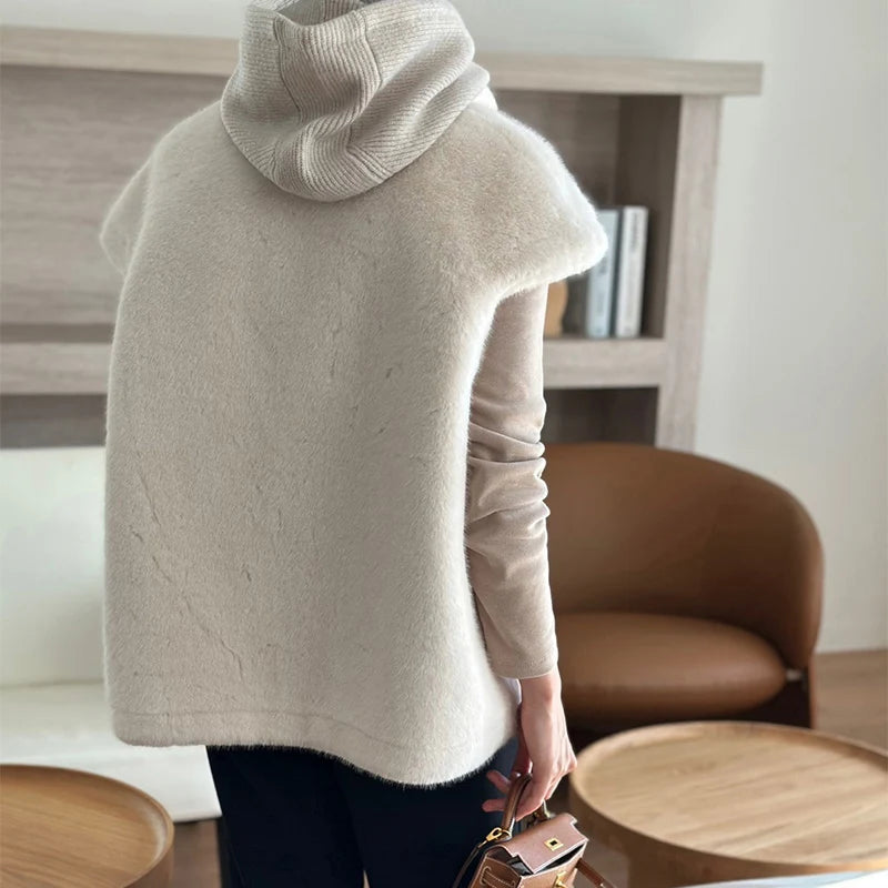 Women's Autumn Winter Faux Mink Hair Stand Collar Sleeveless Loose Vest Jacket Lady Streetwear Single Breasted Faux Fur Vest Top
