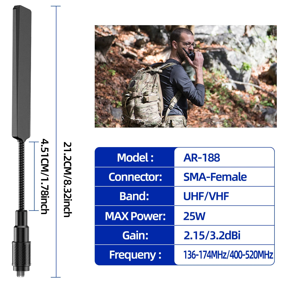 ABBREE AR-188 Gooseneck Tactical Antenna VHF UHF SMA-Female for Baofeng Walkie Talkie UV-5R 5RH 13 17 21 PRO Quangsheng UV-K5(6)