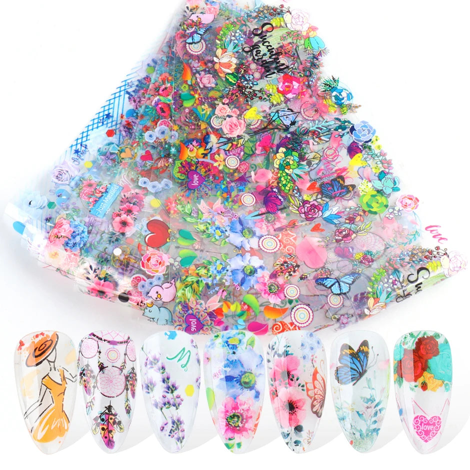 10PCS Mixed Nail Art Foils Transfer Sticker Set Rose Flower Designs Floral Starry Sky Nail Wraps Wedding Summer Manicure Decor