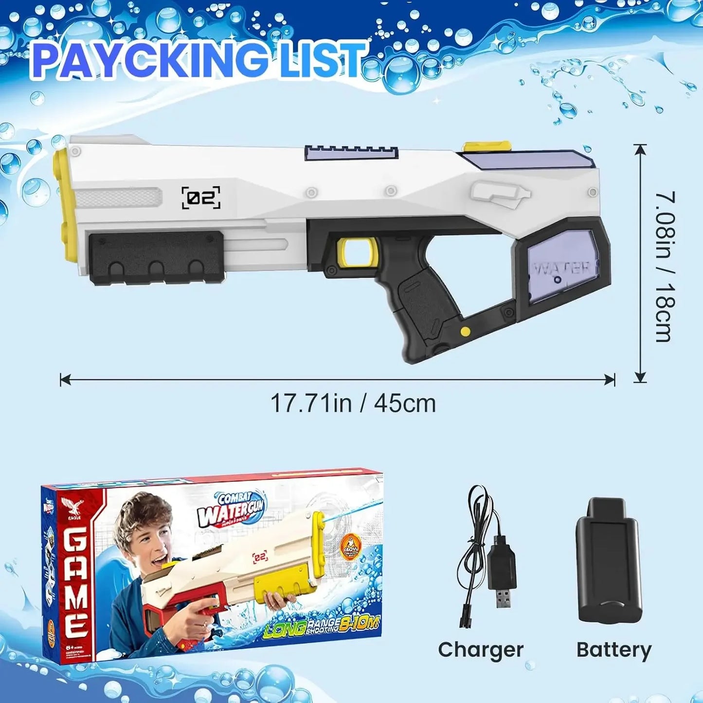 Automatic Water Absorption Electric Water Gun 2 Shooting Modes 450ML Large Capacity Portable Summer Water Blaster Toy For Kids Adults Pool Beach Backyard Outdoor Fighting Game