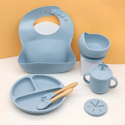 7pcs baby silicone tableware set, bib, dining plate, bowl with suction cup, 2-in-1 water cup, snack cup, wooden spoon and fork