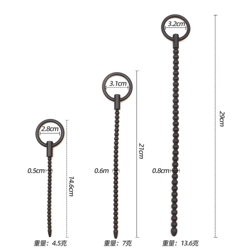 Deep Sensation Self-Discovery: 3-Piece Silicone Beaded Urethral Sound Set with Safety Pull Ring Male Intimate Penis Plug Trainer