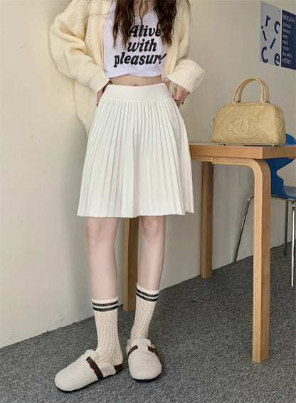 White Knitted Pleated Skirt Women Autumn Winter 2025 New High Waist Mini Skirt Lady's Fashion Korean Solid Women's Short Skirts