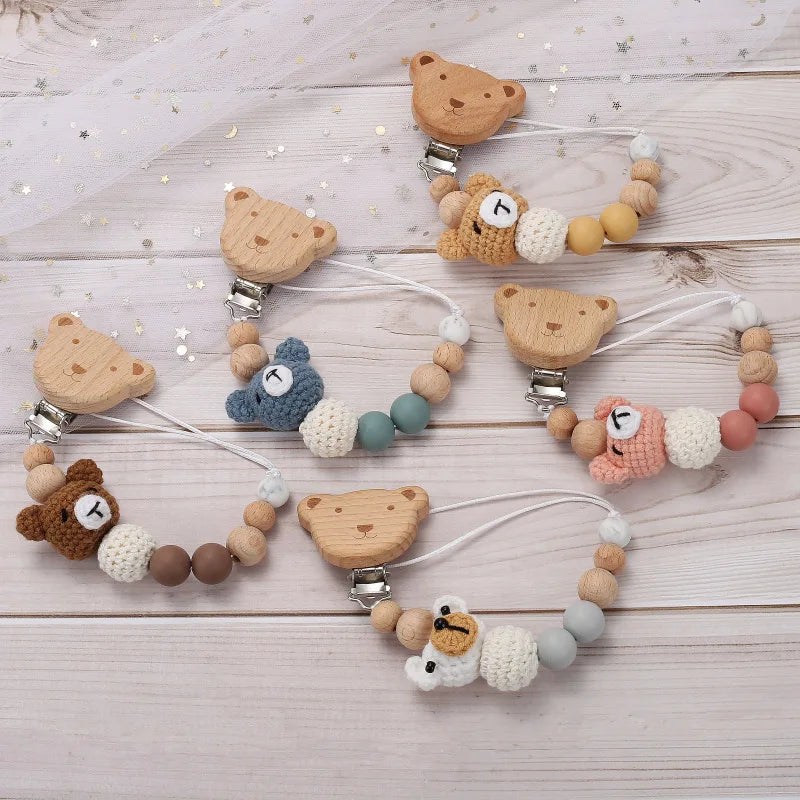 Cartoon Bunny Pacifier Chain Clip Wood Crochet Bear Teething Chain Baby Teether Soother Holder Newborn Chew Toys Pacifier Clips