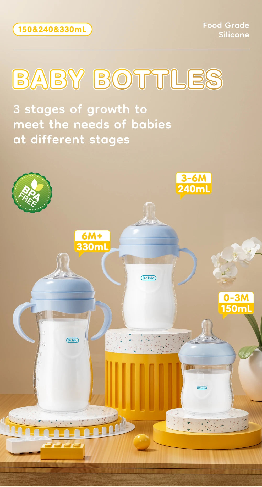 Baby PP Bottle 150/240/330ML Newborn Baby Bottle with Handle Milk BottleFeeding Baby Bottles Newborn Feeding Supplies BPA-Free