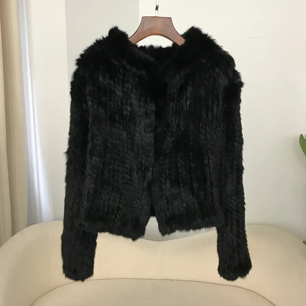2024 Short Rabbit Fur Coat for Women Autumn Winter New Encrypted Thickened Handmade Double-sided Woven Hooded Korean Style