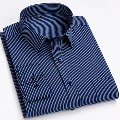 Men's Long Sleeve Shirt High-quality Fashion Casual Print Plaid Stripe Single Pocket Fit Business Formal Office Four Season Top