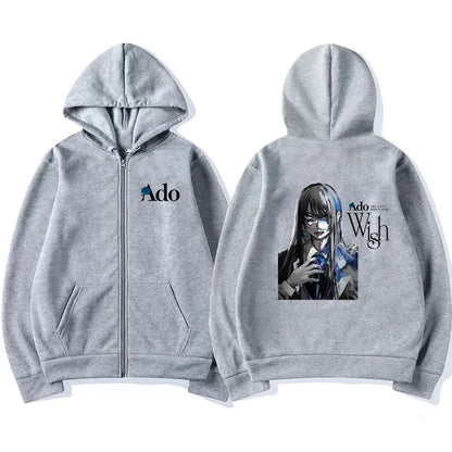 2025 Ado Graphic Printed Zipper Hoodies Autumn Winter Men Women Casual Fashion Harajuku Y2K Fleece Long Sleeve Zip-Up Hoodies