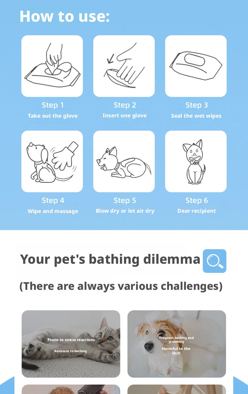 Pet No-Rinse Glove Wipes, 6 Pieces Per Box, 2 Boxes Set, Disposable Deodorizing Grooming Cleaning Gloves for Cats and Dogs