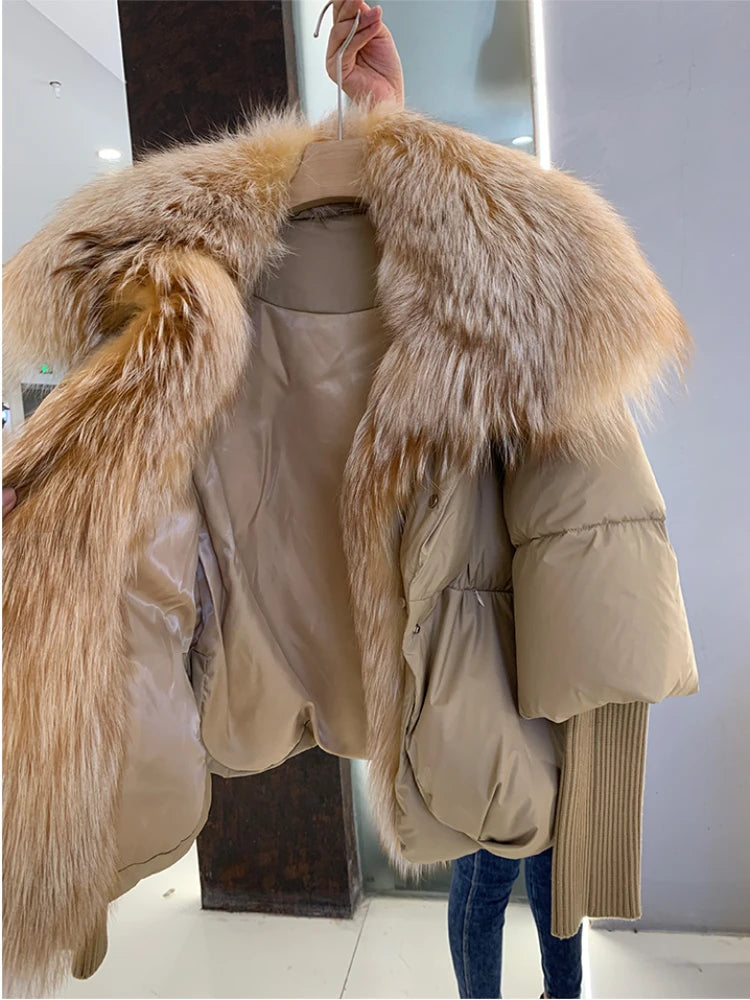 Oversized Winter Warm Real Fox Fur Collar Black Down Coat Women Puffer Outerwear Jackets 2024 Autumn Winter