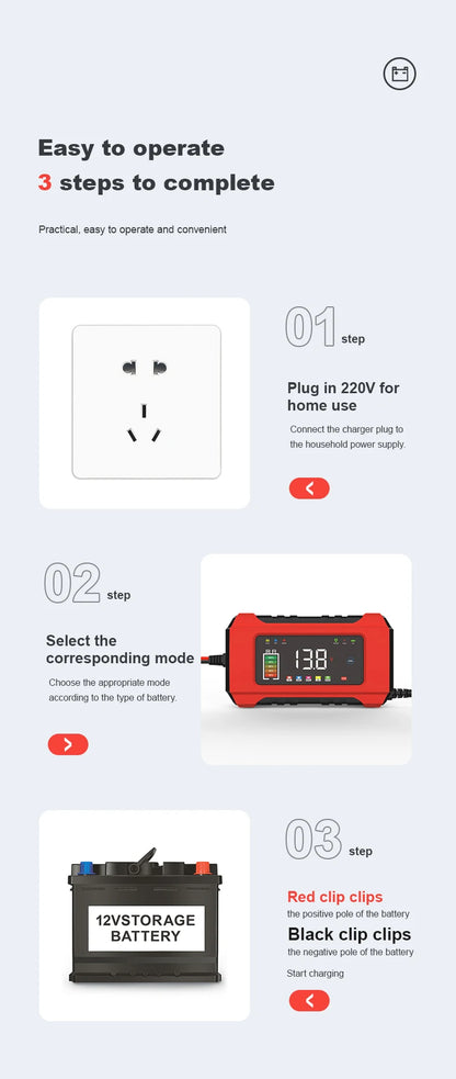 12V 6A Fully Automatic Car Battery Charger Smart Pulse Repair Color Screen for AGM GEL WET Lead Acid Charger LCD Display