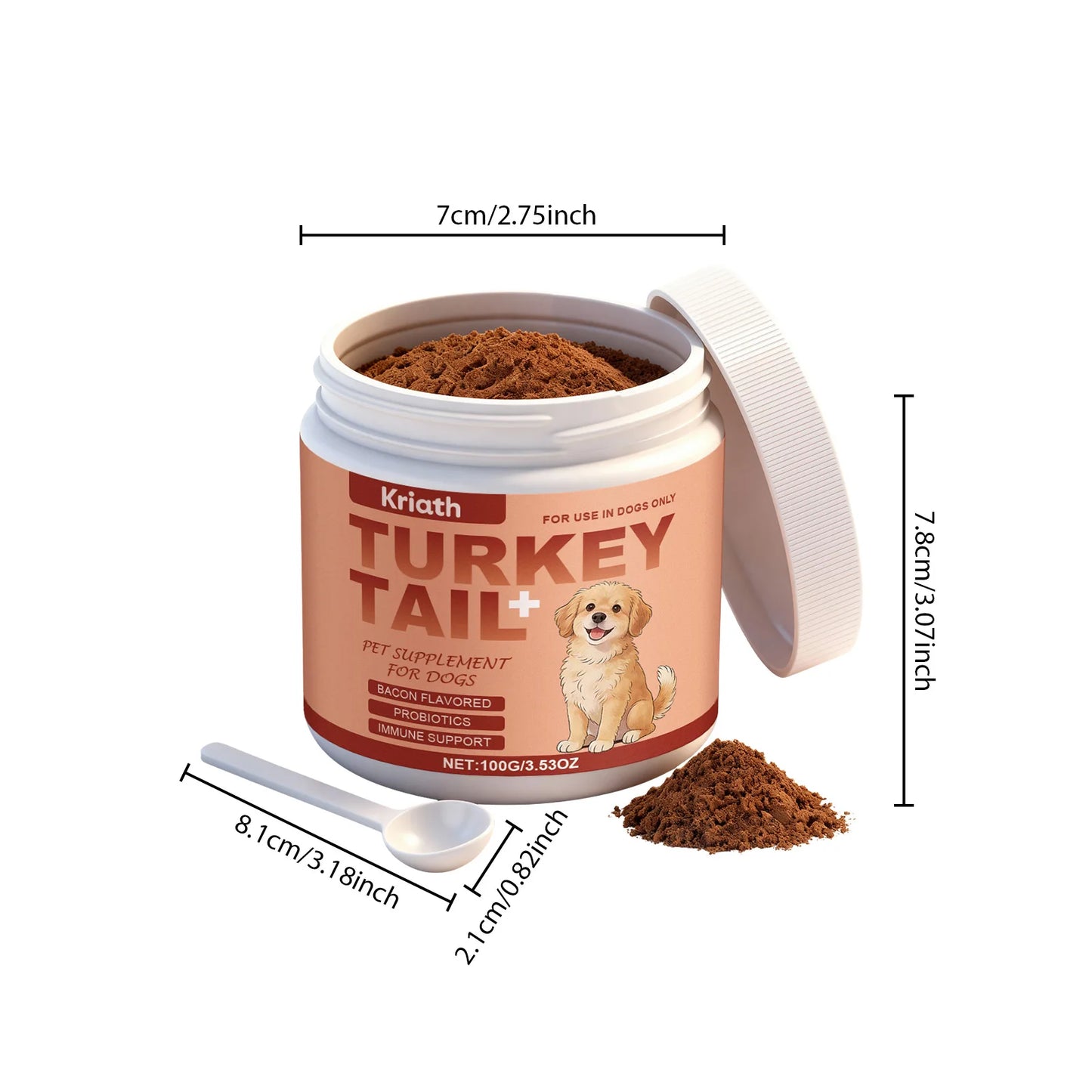 Turkey Tail Mushroom Powder for Dogs, Bacon Flavor Pet Immune Support Joint Hip Gut Health Supplement, Skin Coat Care Powder