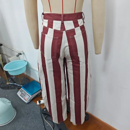 Casual Striped Women's Jeans Mid-rise Single Button Pockets Lady Curved-leg Pants 2026 Spring Summer Fashion Female Trousers