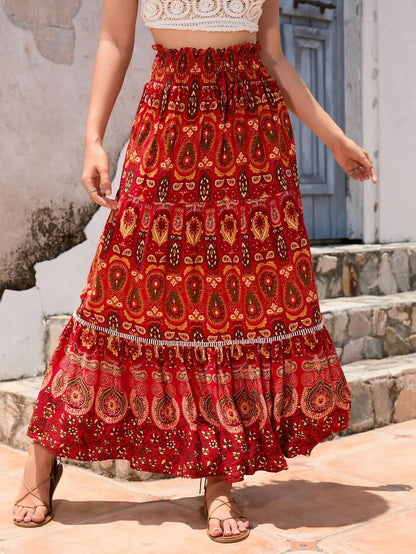 Women's Casual Temperament Skirt Women's Fashionable Bohemian Printed Elastic Waist Temperament Skirt Big Sway Temperament Skirt