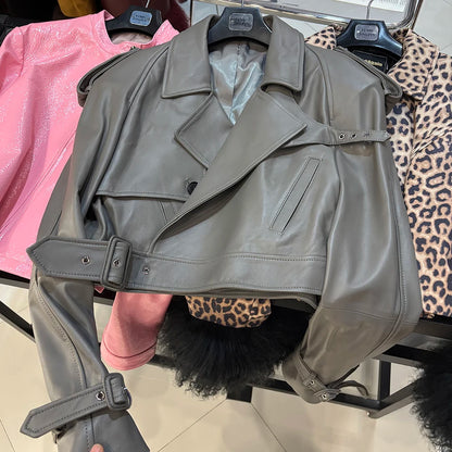 YOLOAgain Wide Shoulder Real Leather Jacket Women Oversized Genuine Leather Cropped Jacket