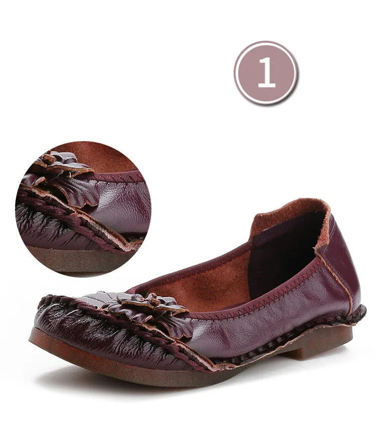 Vintage Flower Moccasins Woman Genuine Leather Ballet Flats Ladies Hollow Slip Ons Women's Luxury Loafer Purple Walking Shoes 42