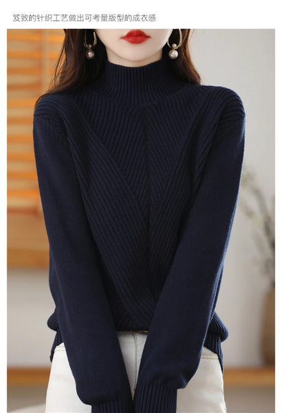 Women 100% Cotton Knit Sweater Half-high Collar Stripe Pullover Autumn Winter Thickened Bottoming Clothing Casual Knitted Tops
