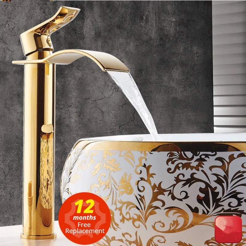Basin Faucet Gold and White Waterfall Faucet Brass Bathroom Faucet Bathroom Basin Faucet Mixer Tap Hot and Cold Sink Faucet
