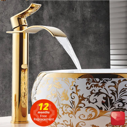 Basin Faucet Gold and White Waterfall Faucet Brass Bathroom Faucet Bathroom Basin Faucet Mixer Tap Hot and Cold Sink Faucet