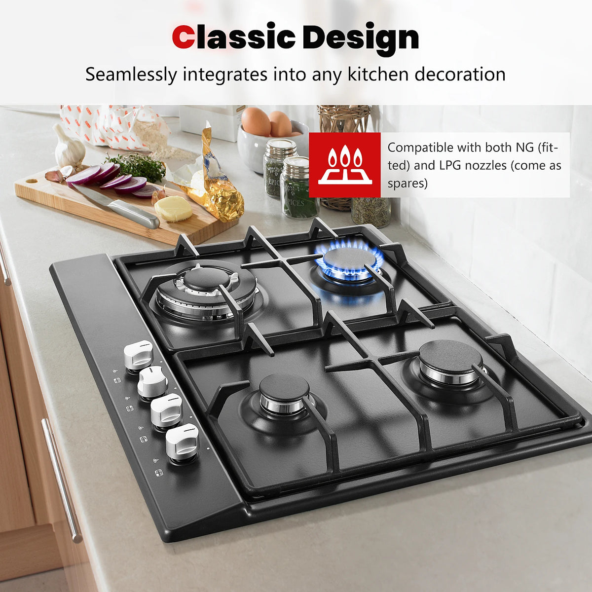 4 Burners Black Enamelled Plate 58 cm Automatic Flame Protection, Natural Gas and Propane Gas, Built-in Gas Hob