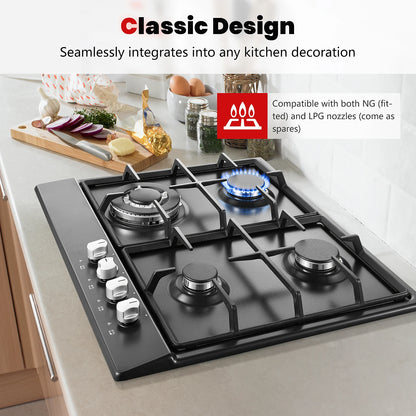 4 Burners Black Enamelled Plate 58 cm Automatic Flame Protection, Natural Gas and Propane Gas, Built-in Gas Hob