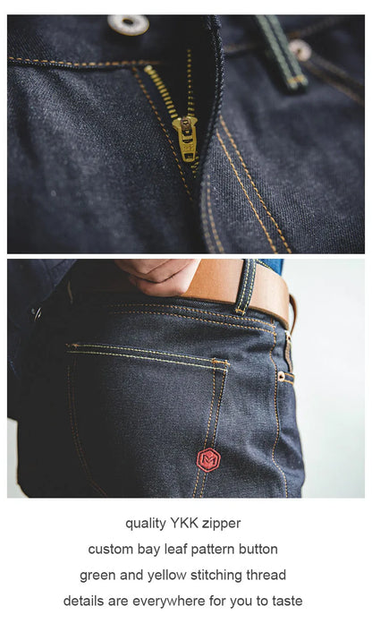 Maden Retro 14.5oz Selvedge Raw Denim for Men's Jeans with YKK Zipper Fly Embroidery Straight Jeans Classic Solid Color Trousers