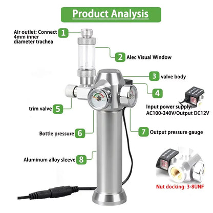 Aquarium CO2 Regulator Solenoid Valve Bubble Counter Small Gas Bottle 3-8UNF with Sleeve Fish Tank CO2 Pressure Reducing Valve