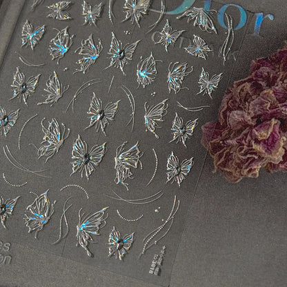 Shiny Jelly Butterfly Charming Golden Gradient Bowknot 5D Self Adhesive Nail Art Sticker Flower Petal Rhinestone Manicure Decals